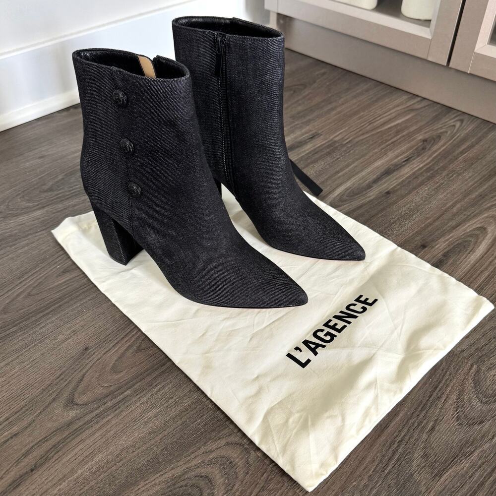 L'Agence Theodora Black Denim Block Heel Ankle Booties 8.5 NEW Button Boots